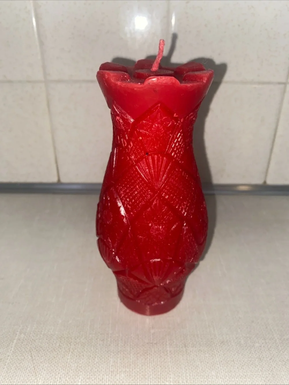 Vintage UNLIT Wax Candle Vase Shaped Red‎ Textured Patterned
